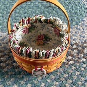 Longaberger Yellow Woven Basket with Floral Ruffled Liner